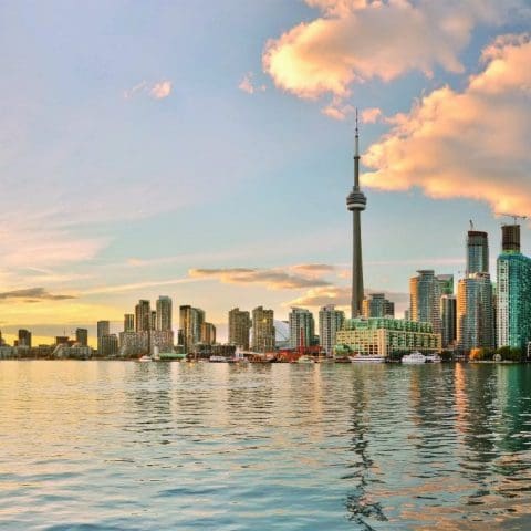 Panorama of Toronto skyline at sunset in Ontario, Canada.